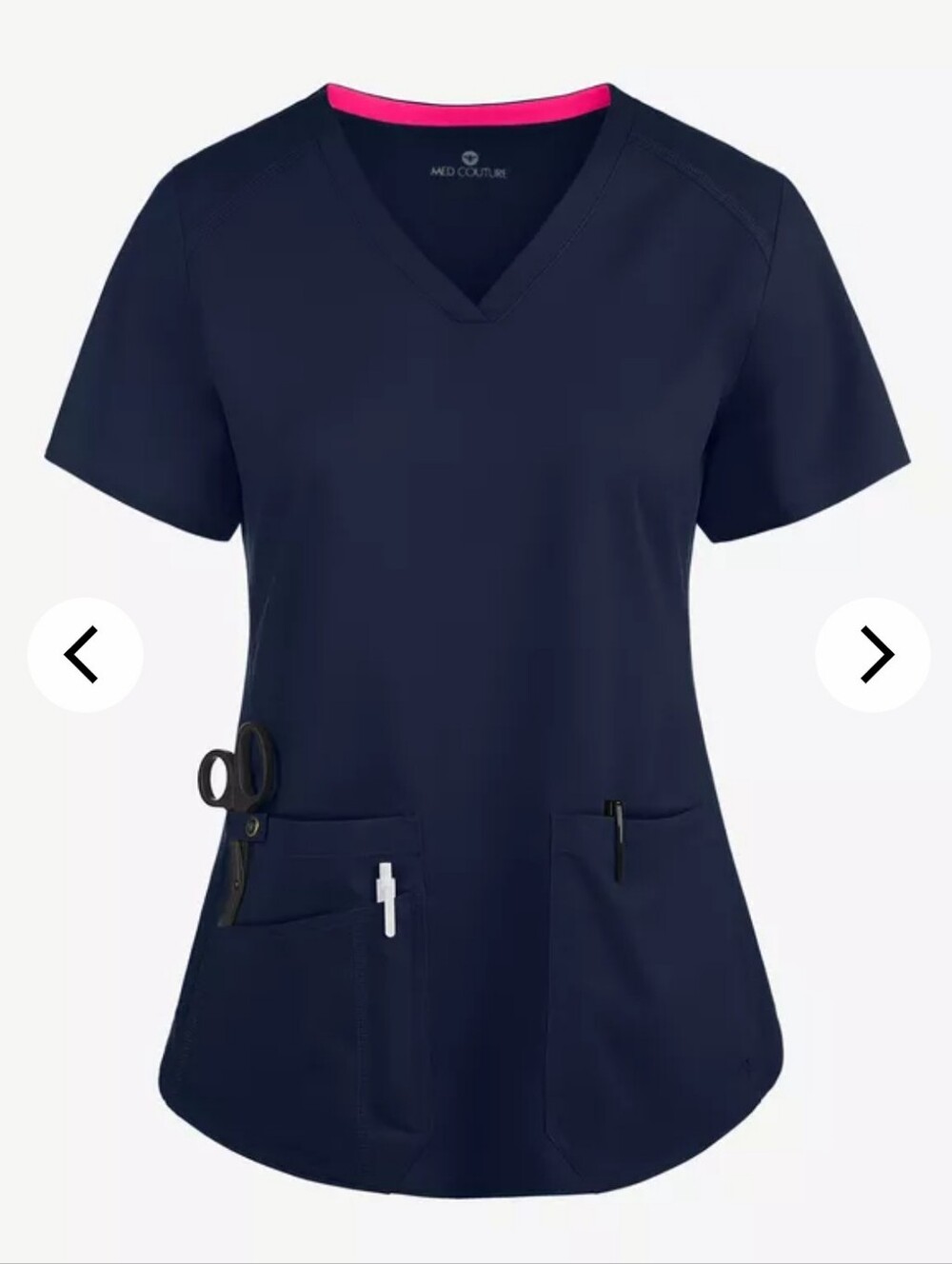 Med Couture Touch Navy V-Neck Scrub Top with Pink Neck Trim